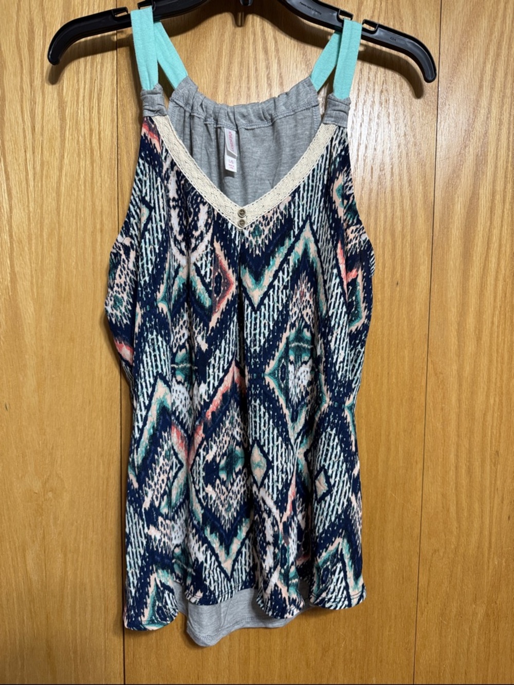 Sleeveless Ikat Print Tank Top with Mint Straps